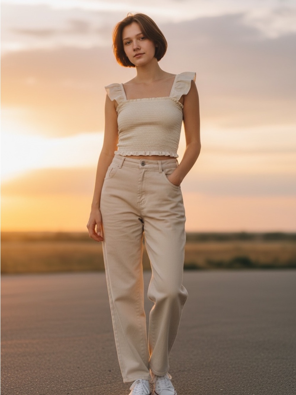 Fashion Nova Cream Smocked Ruffle Strap Crop Top